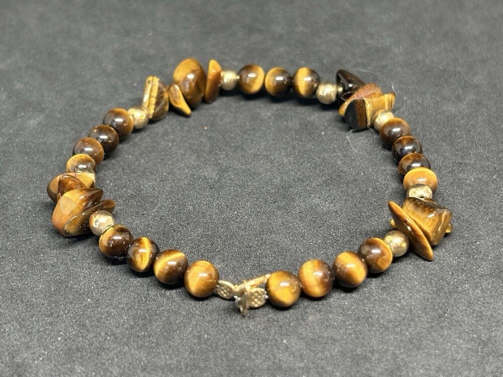 Vintage 14k Gold Polished Tiger Eye Stone Bead Clasp Bracelet 7 Inch
